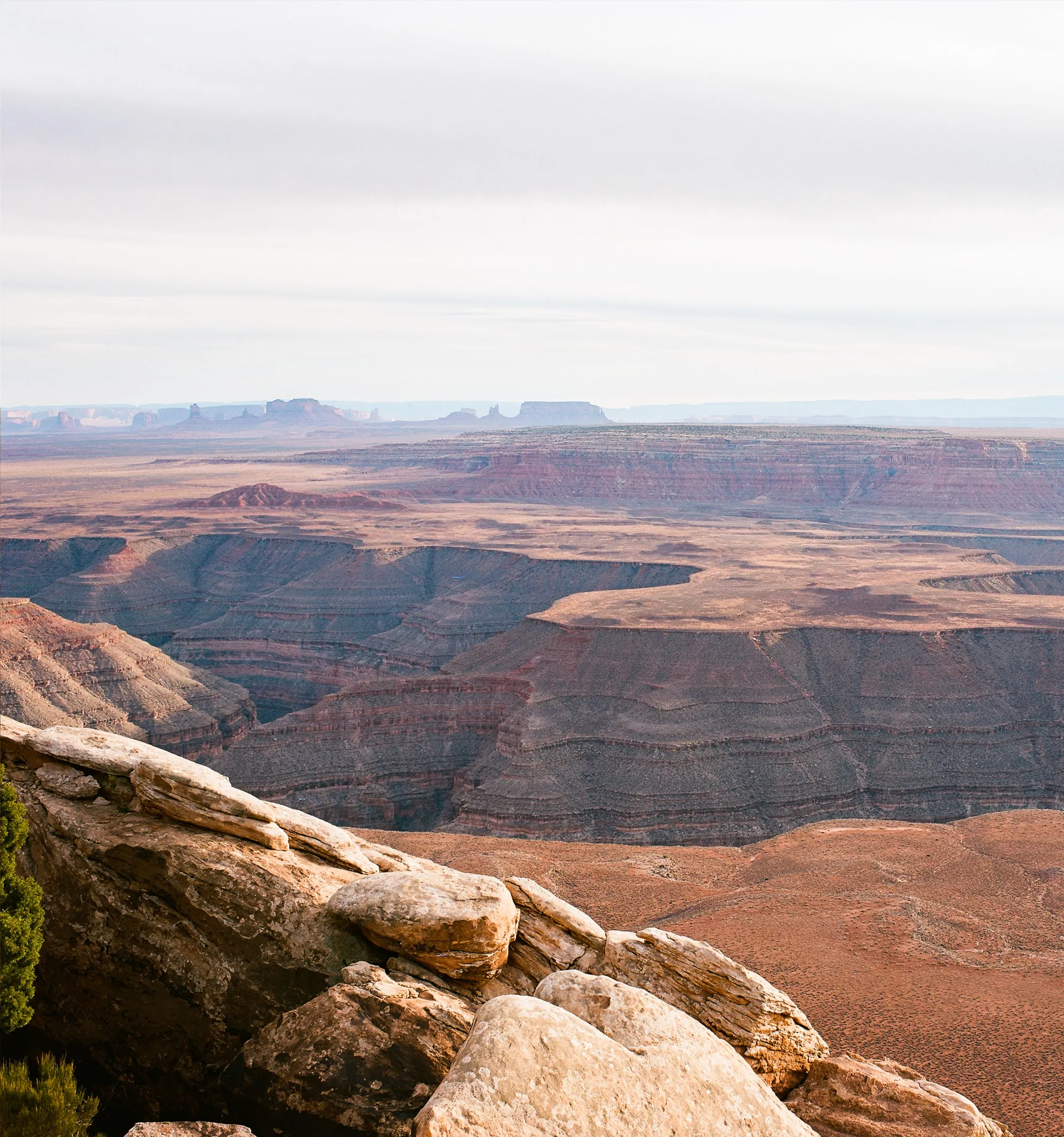View from Muley Point over carved river canyons toward Monument Valley